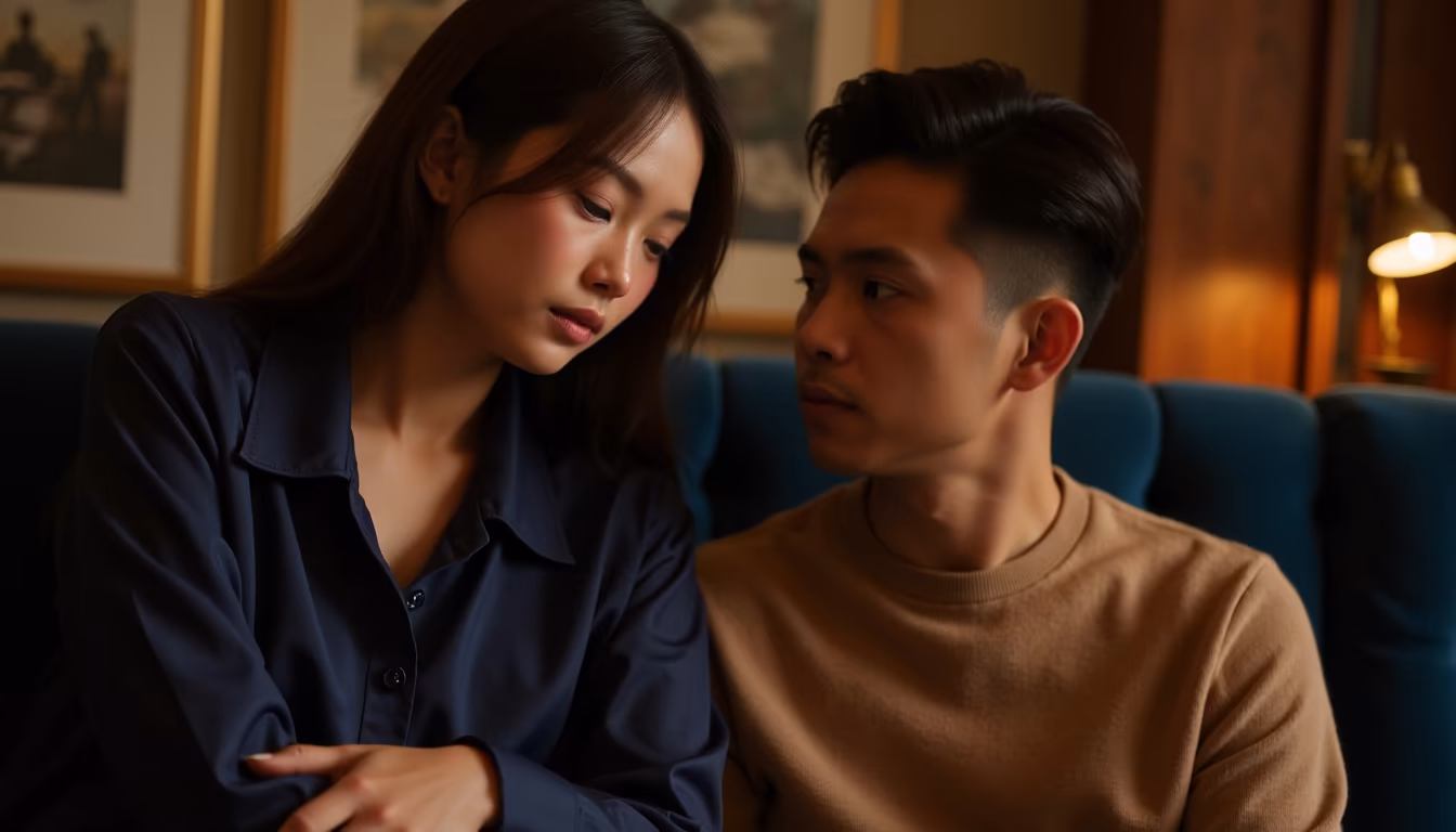 หญิงสาวเงยหน้าฟังอย่างตั้งใจ ขณะอีกฝ่ายเลี่ยงตอบคำถามตรงๆ