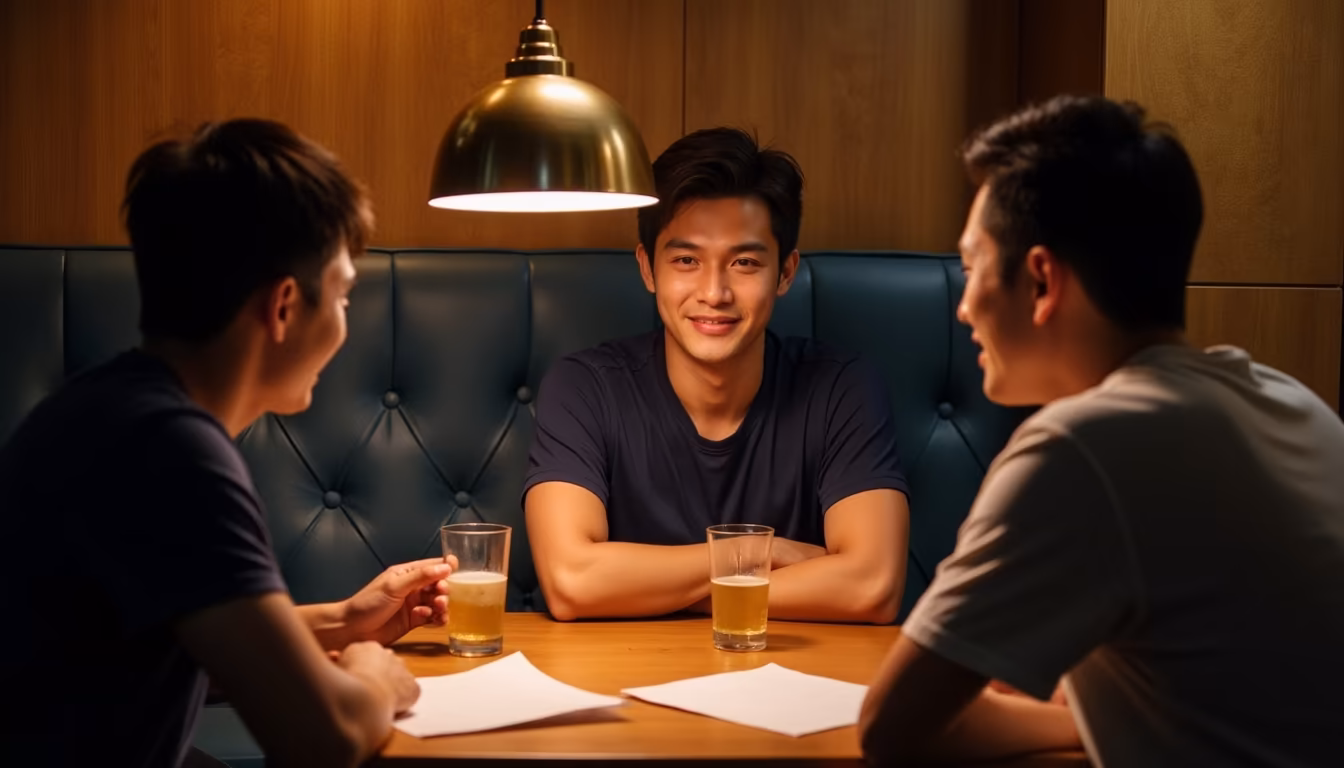 ผู้ชายยิ้มกับเพื่อนในวงสังสรรค์ แต่สายตาดูเหม่อลอยห่างออกไป