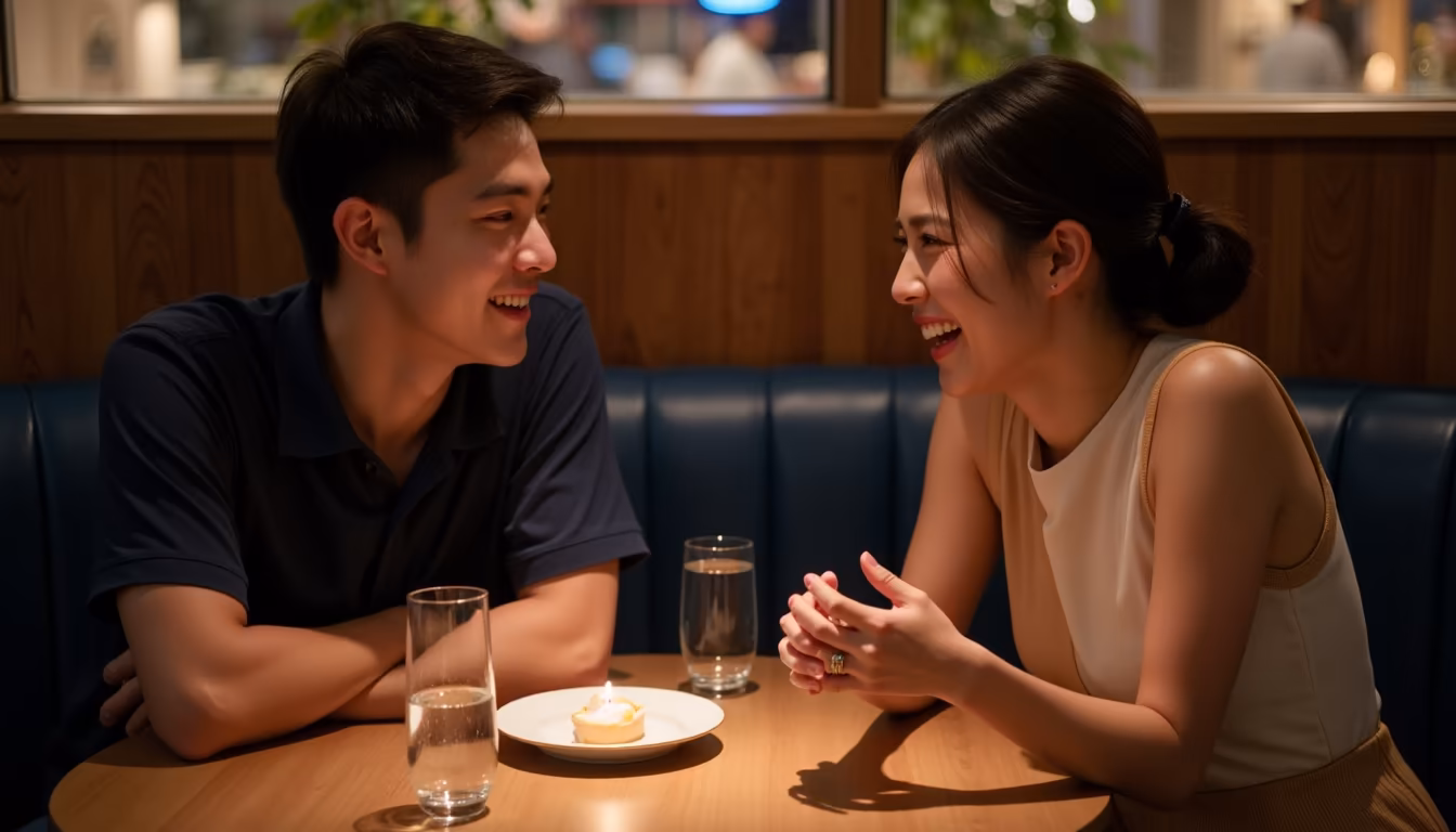 คู่หนุ่มสาวคุยกันสบายใจที่โต๊ะคาเฟ่ ฝ่ายชายโน้มตัวฟังอย่างตั้งใจ