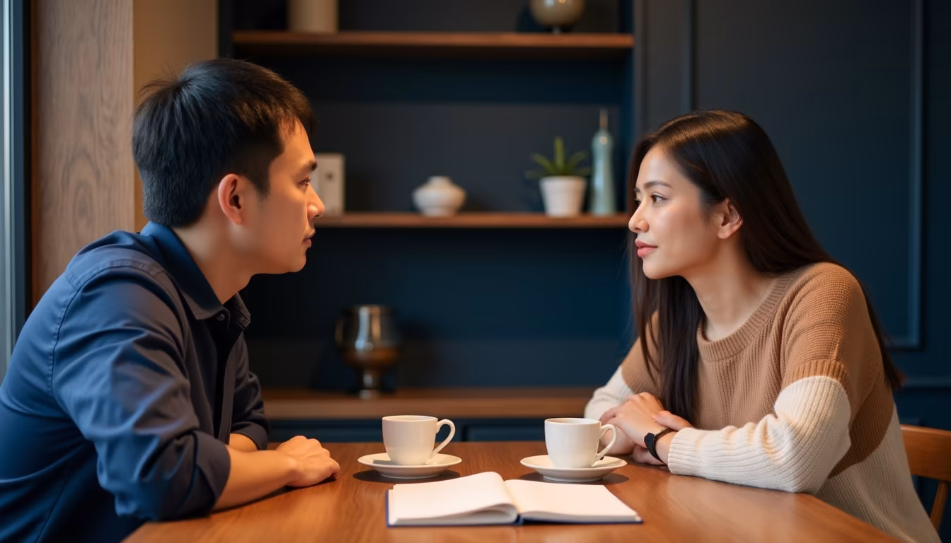 คู่รักนั่งคุยกันอย่างจริงจังบนโซฟา บรรยากาศเงียบและจริงใจ