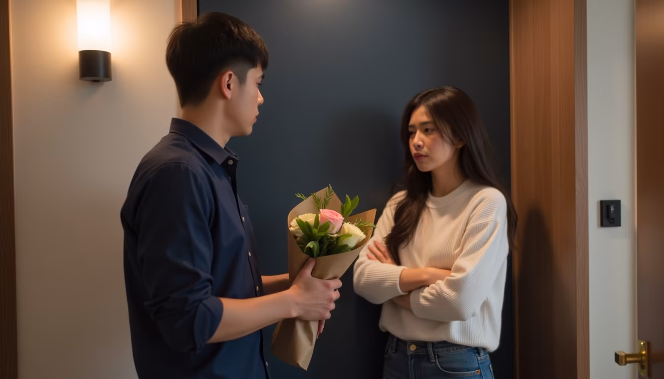 ผู้ชายยื่นช่อดอกไม้ขอโทษแฟนที่ยังหันหน้าหนีไม่ยอมรับ