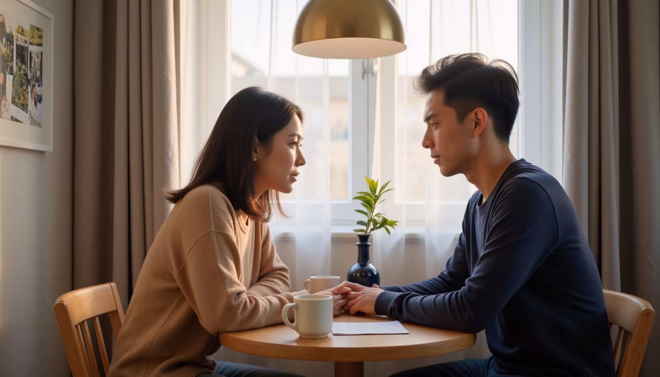 ผู้ชายตั้งใจฟังแฟนพูด สบตากันใกล้ชิดในห้องนั่งเล่น