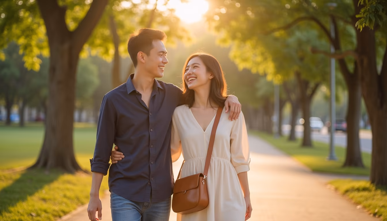 คู่รักจับมือยิ้มให้กันอย่างเข้าใจ บรรยากาศอบอุ่นหลังคืนดี