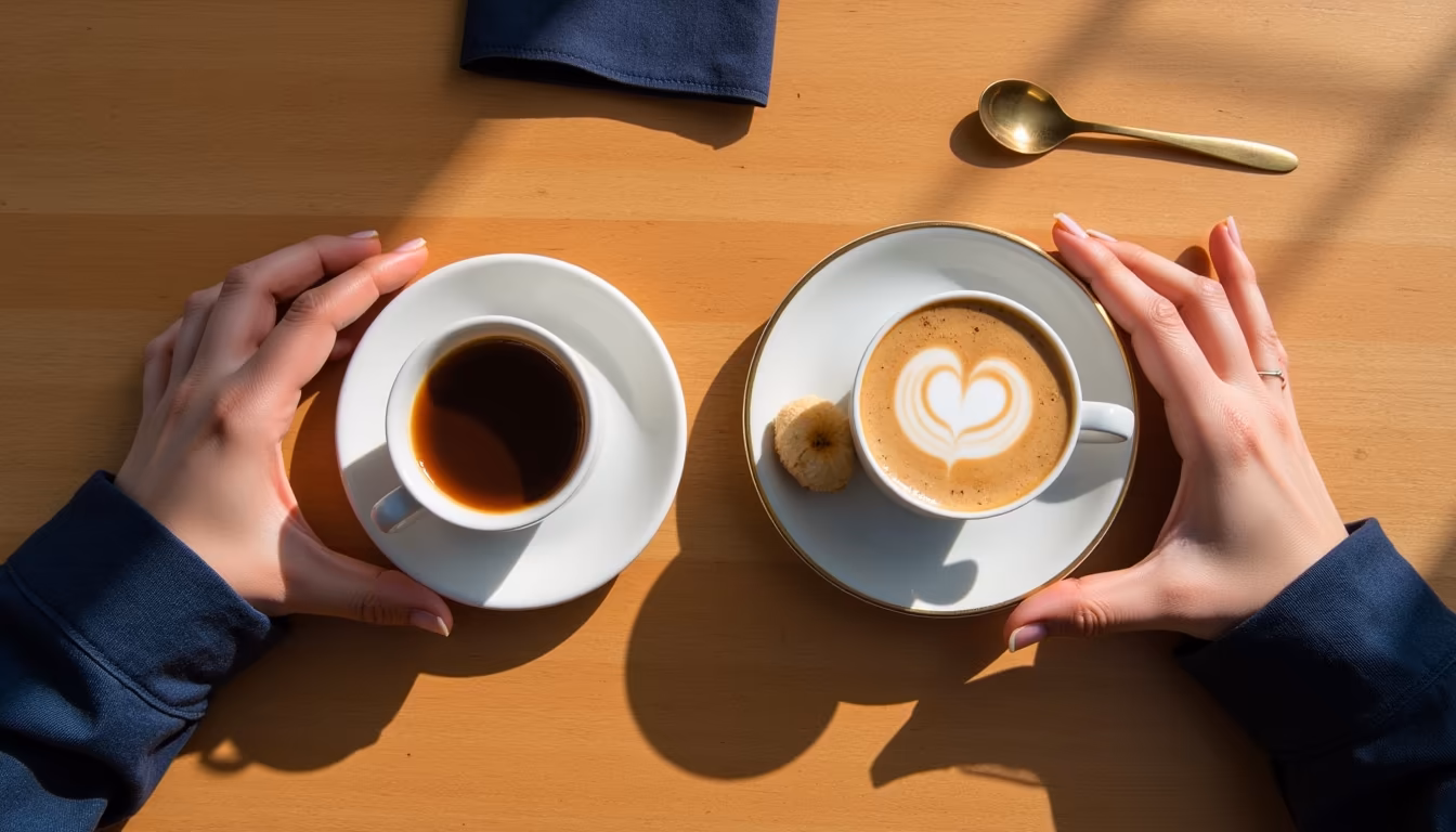 กาแฟสองแก้วราคาต่างกัน วางเทียบกันบนโต๊ะไม้พร้อมป้ายราคา