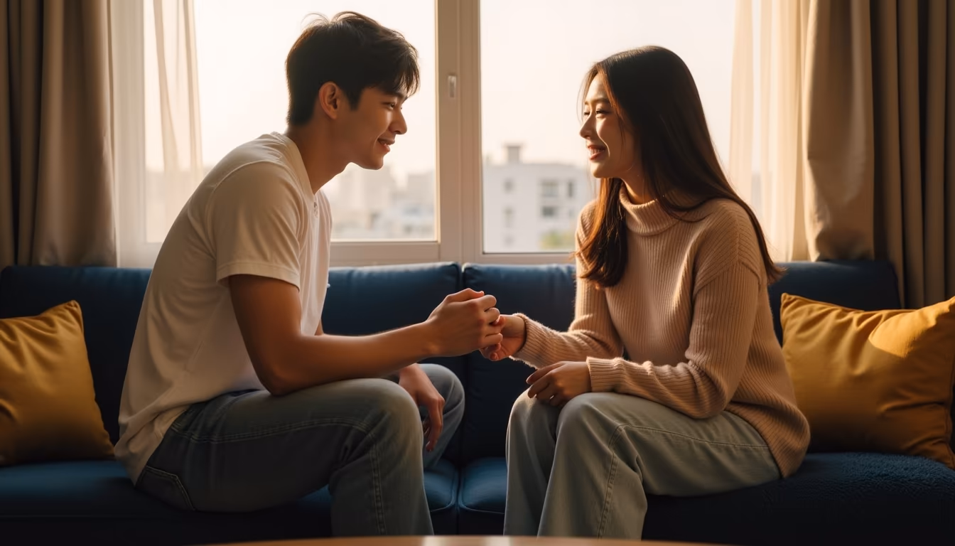 คู่รักหันหน้าเข้าหากันจับมือคุยกันอย่างตั้งใจในบรรยากาศอบอุ่น