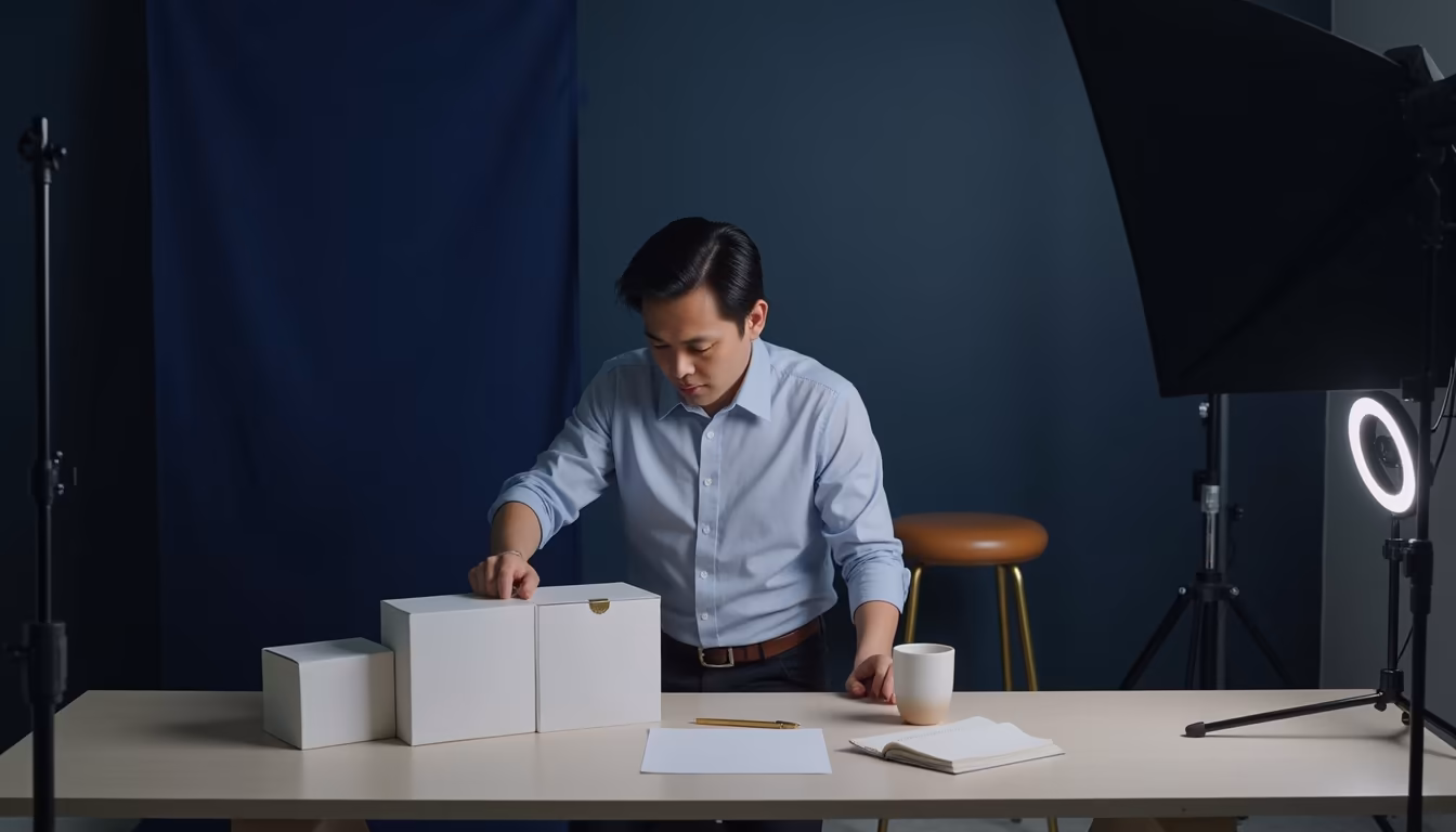 คนขายวางแผนสคริปต์และจัดของบนโต๊ะก่อนเริ่มถ่ายทอดสด