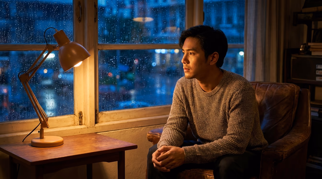 ผู้ชายนั่งคิดทบทวนความสัมพันธ์คนเดียวริมหน้าต่างยามค่ำ สำรวจใจตัวเองว่าหมดรักหรือยัง