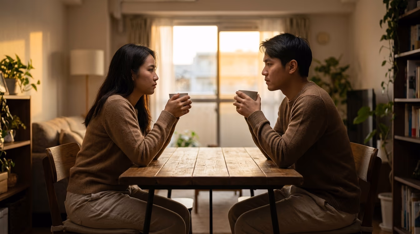 คู่รักนั่งคุยกันอย่างจริงจังและให้เกียรติกันที่โต๊ะอาหาร ตัดสินใจอนาคตความสัมพันธ์