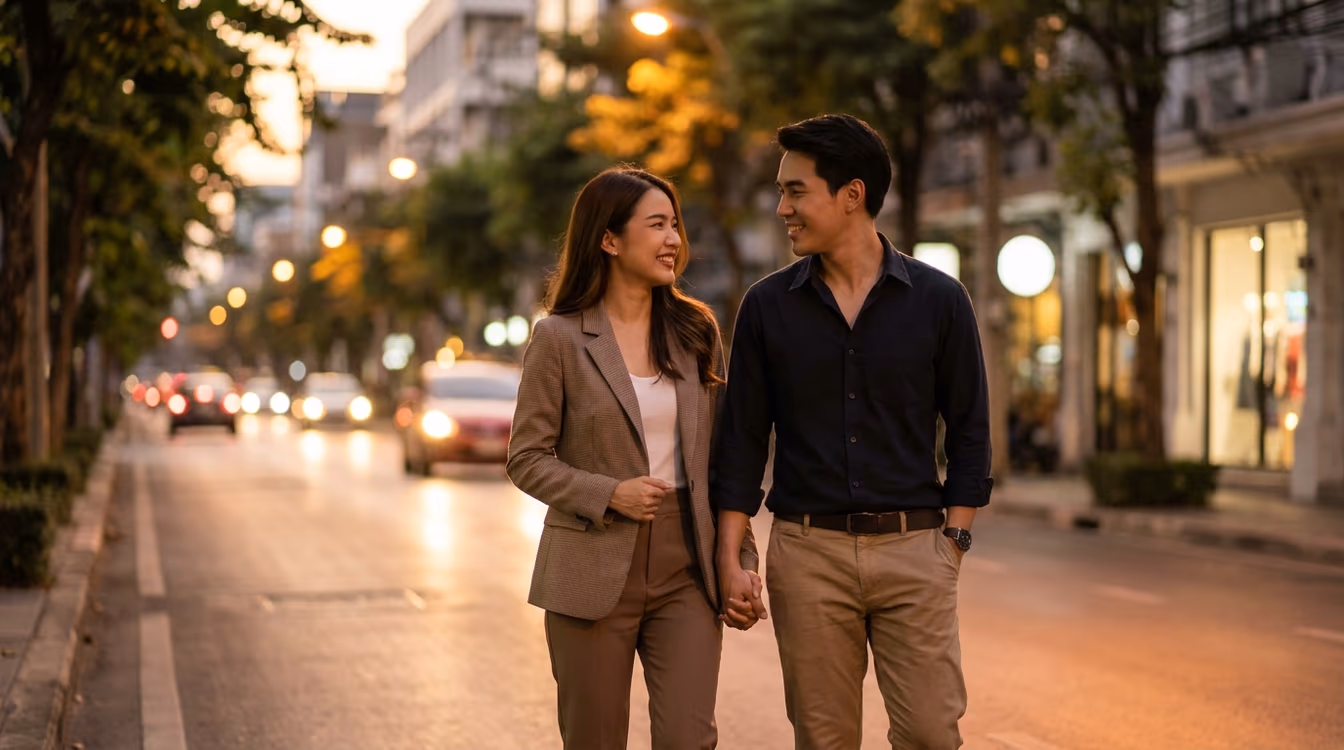 คู่หนุ่มสาวเดินคุยกันหลังเลิกงานยามเย็น ความสัมพันธ์ขยับจากแอบชอบเป็นได้คุย