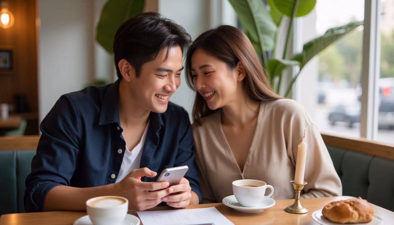 คู่หนุ่มสาวนั่งคุยใกล้กันในร้านกาแฟ ยิ้มสบตาอย่างผ่อนคลาย