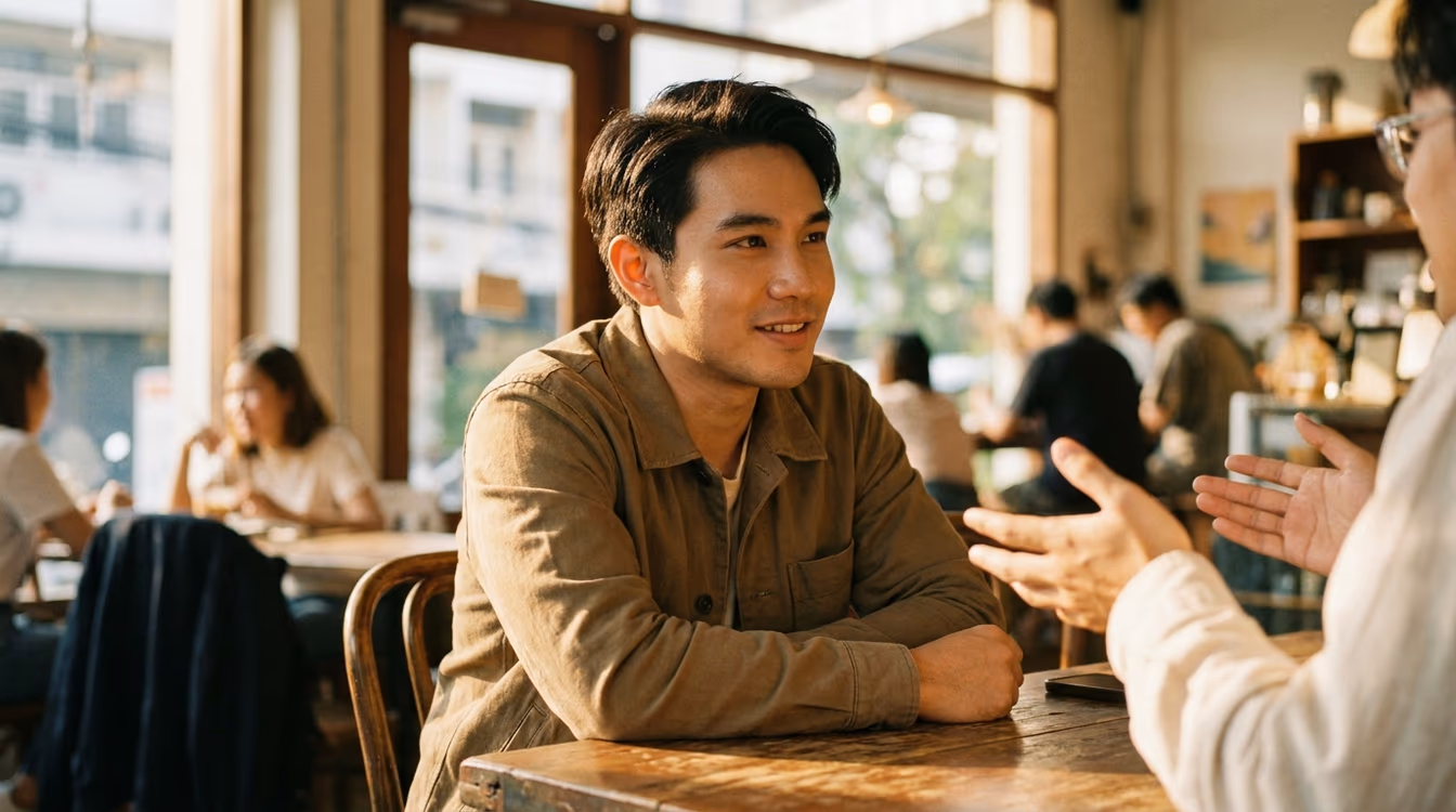 ผู้ชายนั่งฟังคู่สนทนาอย่างตั้งใจในคาเฟ่ แสดงเสน่ห์ของการเป็นผู้ฟังที่ดี